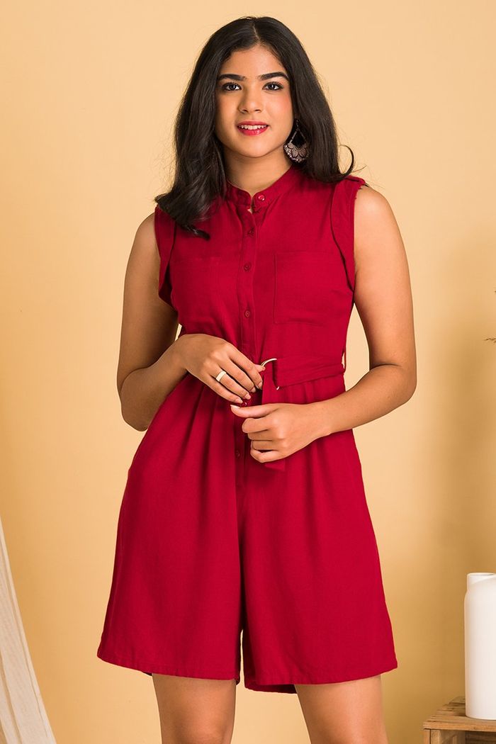 Linen Buckle Belted Pocket Patch Romper 